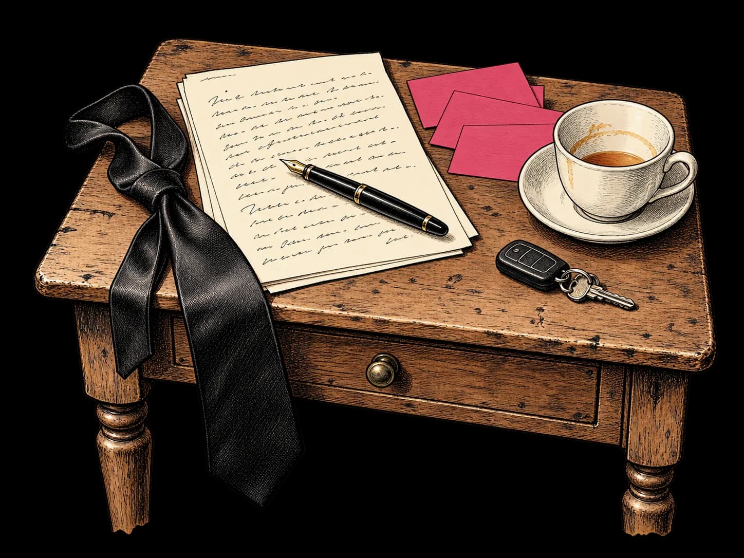 A last-minute speech draft, pink cue cards, a cup of tea, tie and car keys on a wooden table.