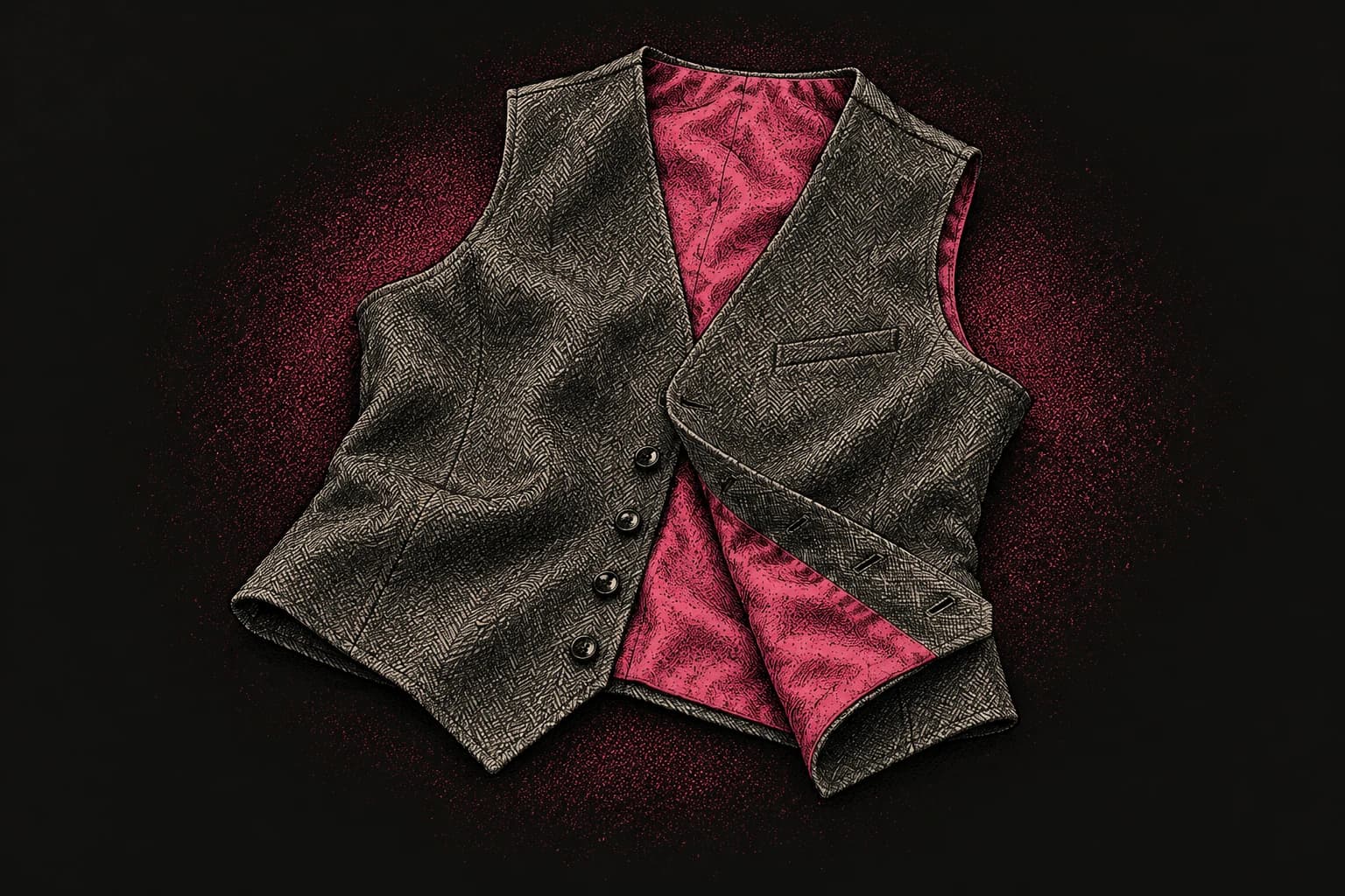 A loosely folded charcoal waistcoat with raspberry pink lining.