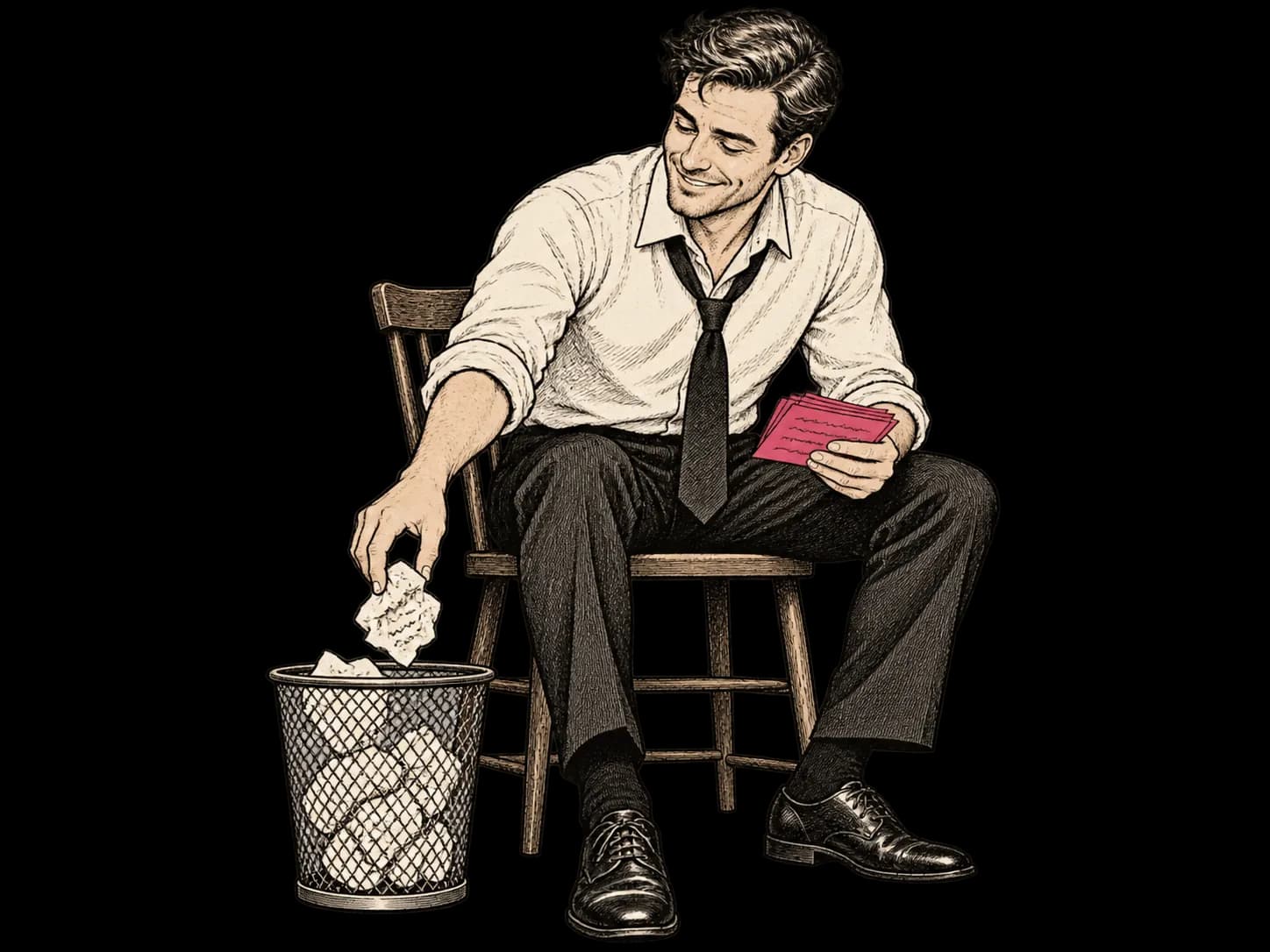 A best man discards an old speech draft and keeps his pink cue cards.