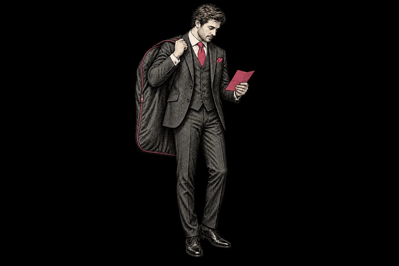 A man in a wedding suit carrying a garment bag and checking a pink running sheet.