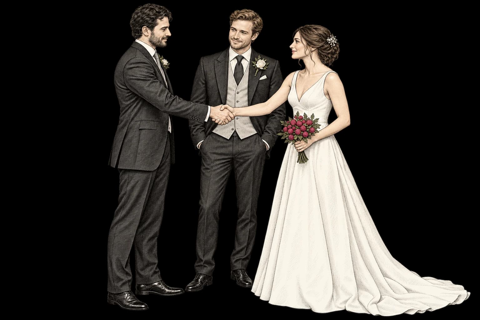 A best man and bride shaking hands as the groom introduces them.