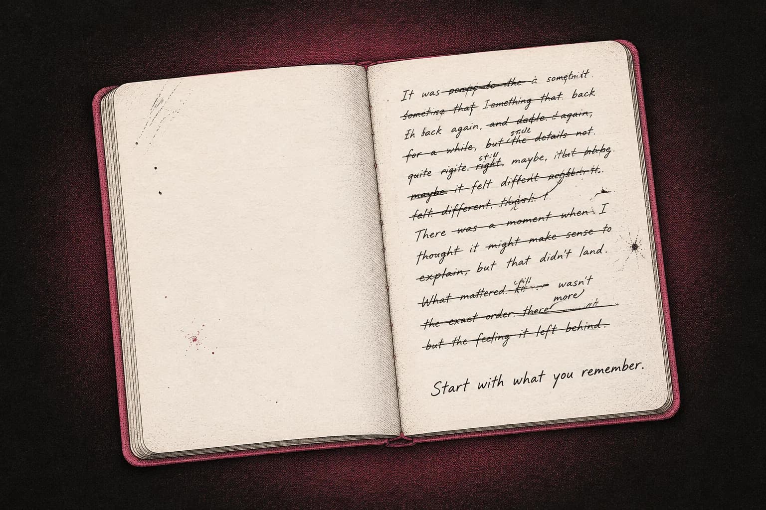A writing desk seen from above: a notebook open at a speech outline, a pen and a folded order of service.