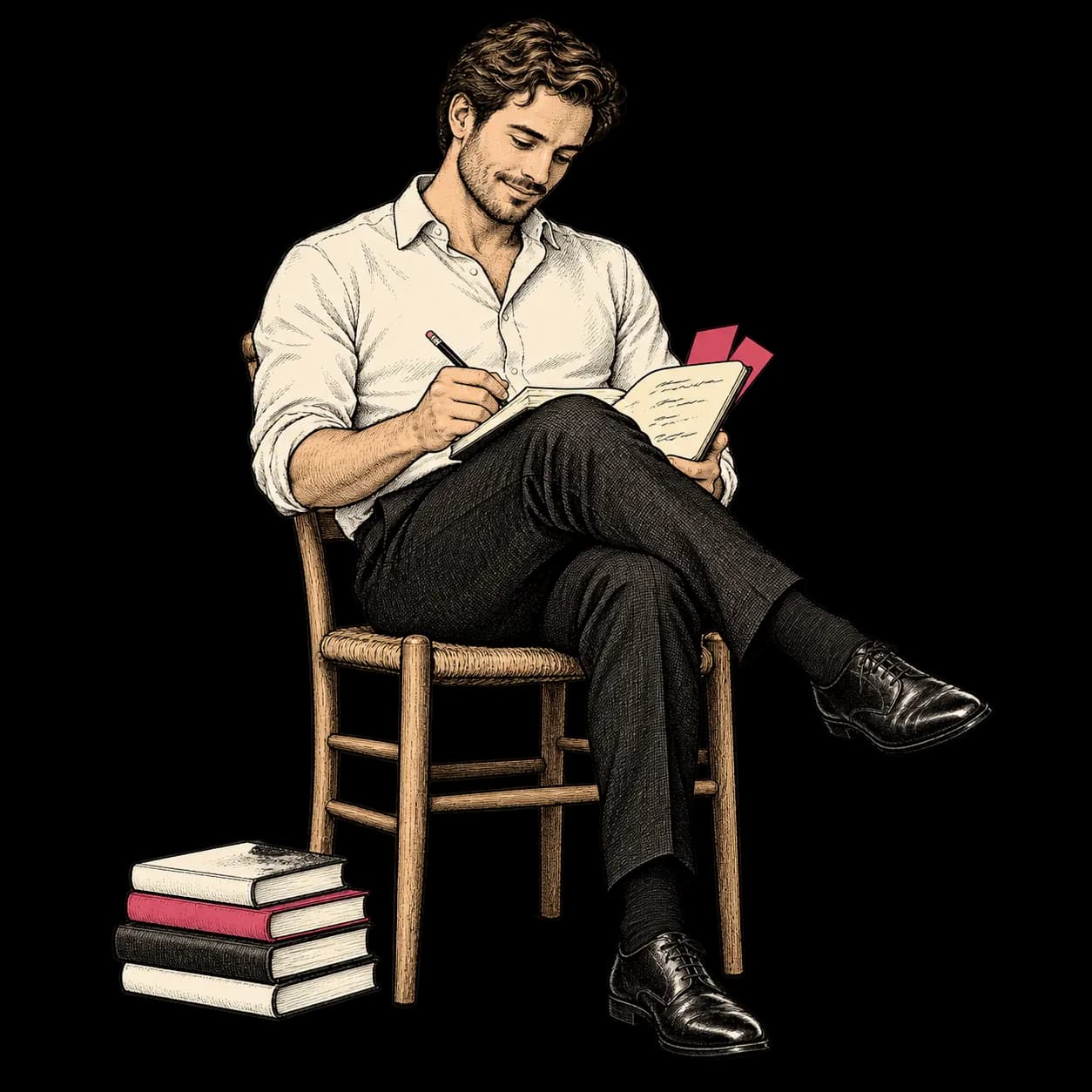 A best man settles into a chair with a notebook and pink speech cards.