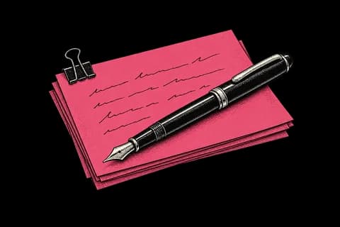 Pink speech cue cards, a pen and a binder clip