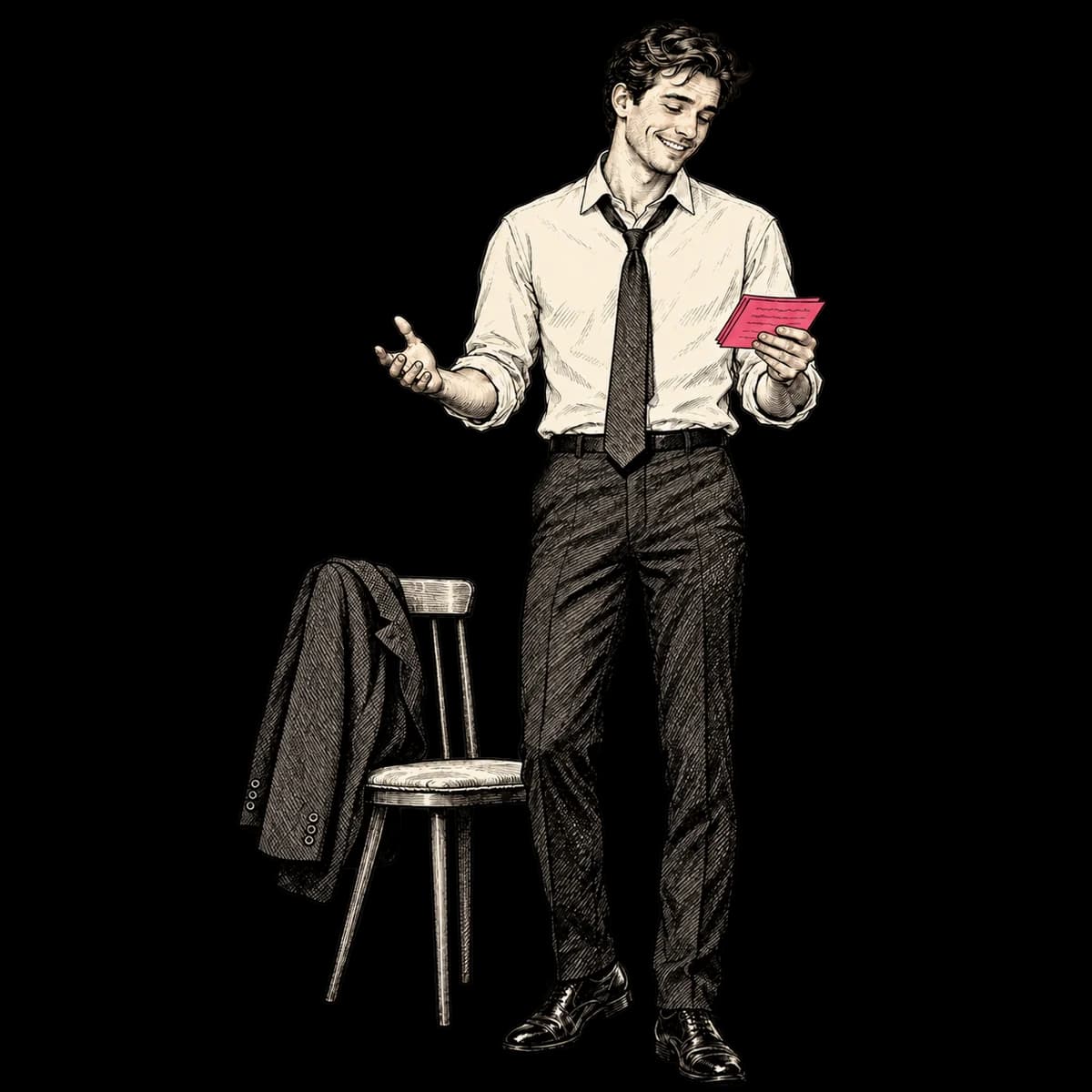 A best man practising his speech at home, smiling with pink cue cards in hand