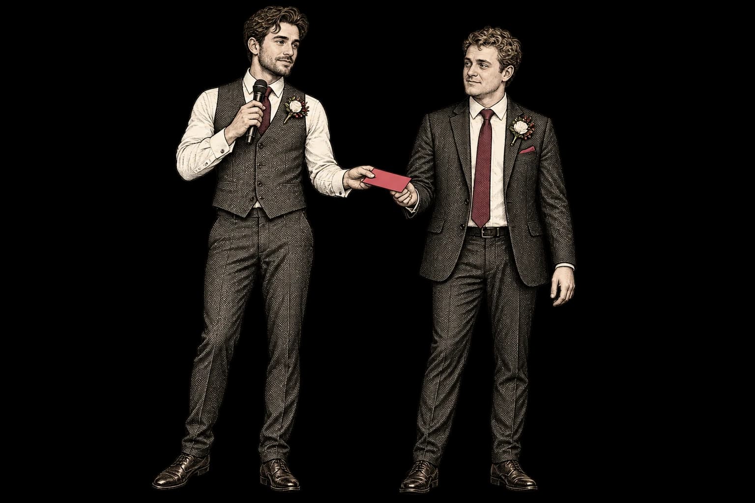 Two best men passing a pink cue card between them while one holds a microphone.