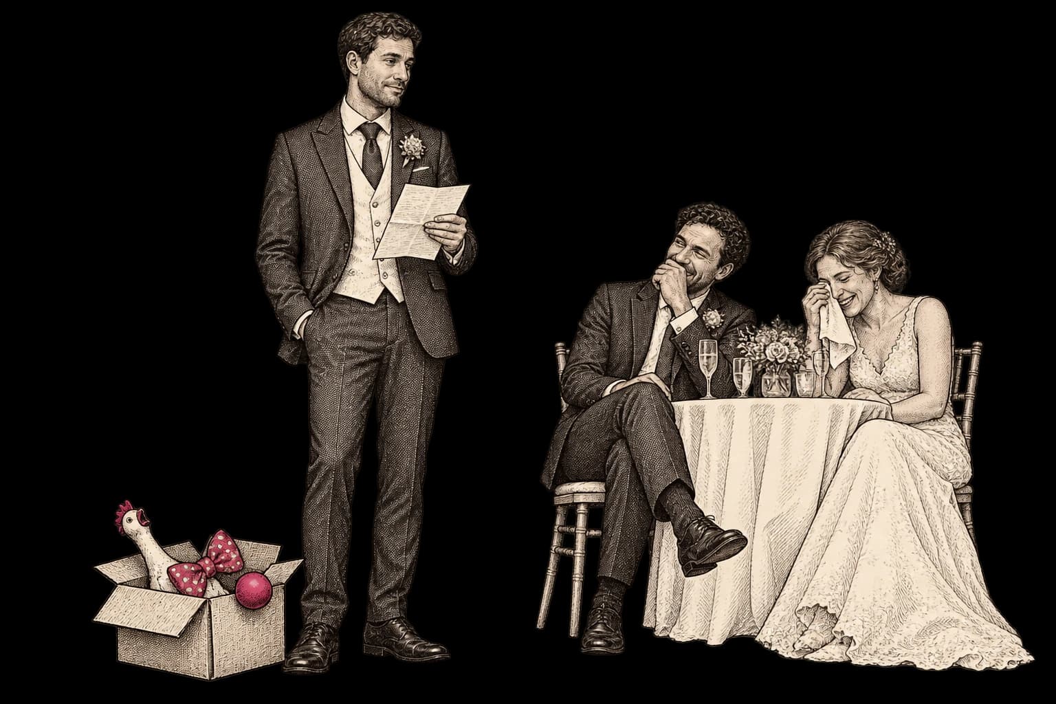 A calm best man speaking while two guests laugh, with unused comedy props in a box beside him.