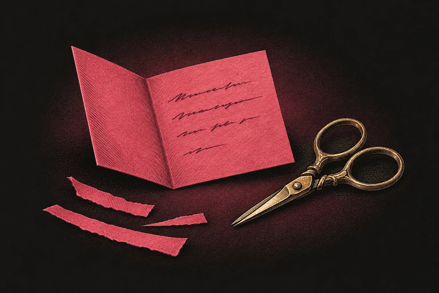 A trimmed pink speech sheet beside scissors and three paper offcuts.