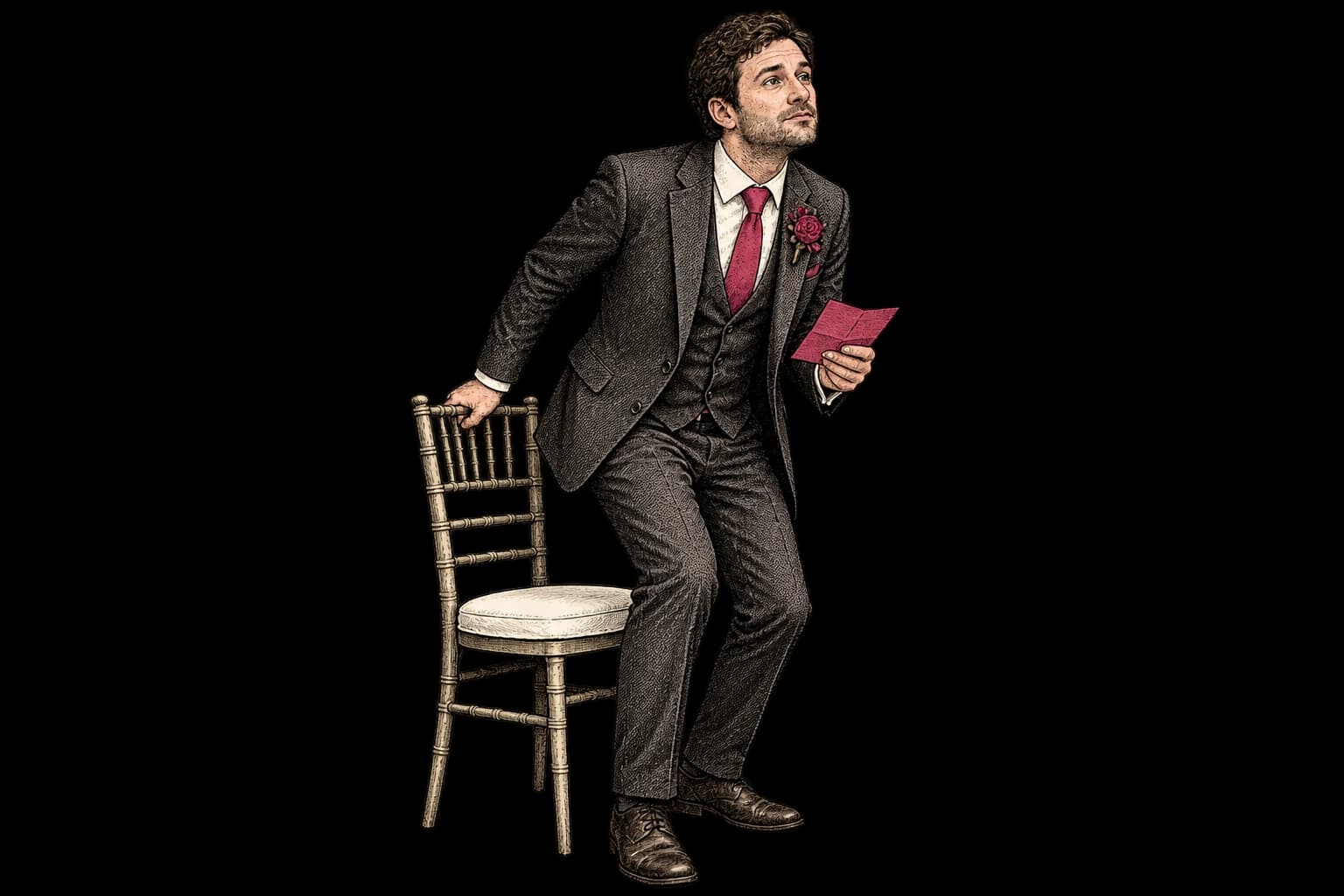 A best man rising from his chair with a folded pink speech sheet in hand.