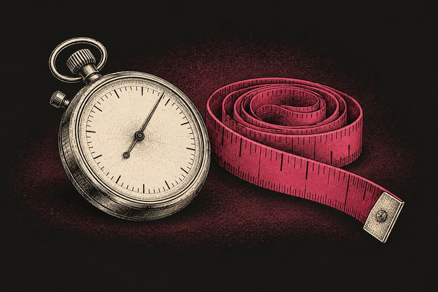 An engraved stopwatch beside a coiled pink measuring tape.