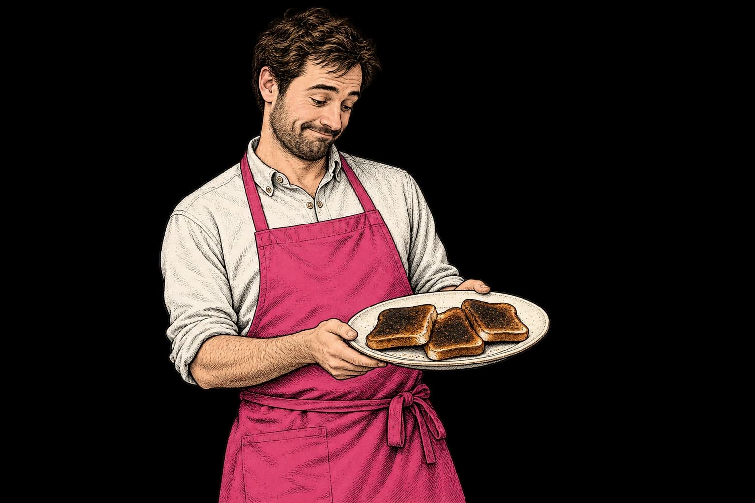 A man in a pink apron looking at a plate of overdone toast.
