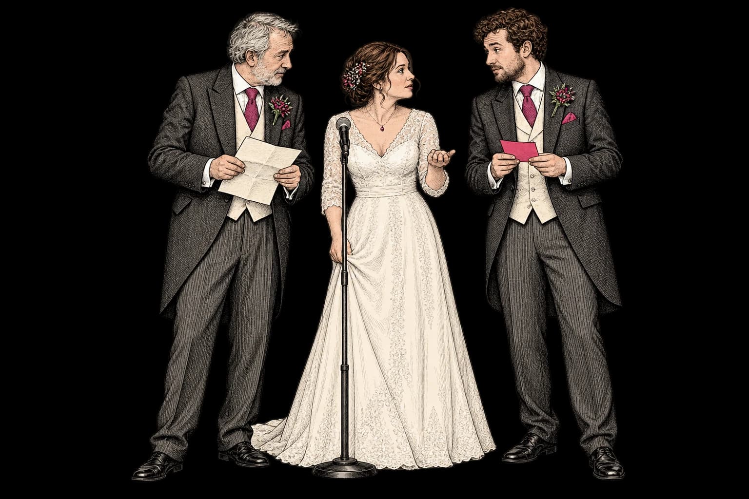 A father, bride and best man coordinating beside a microphone.