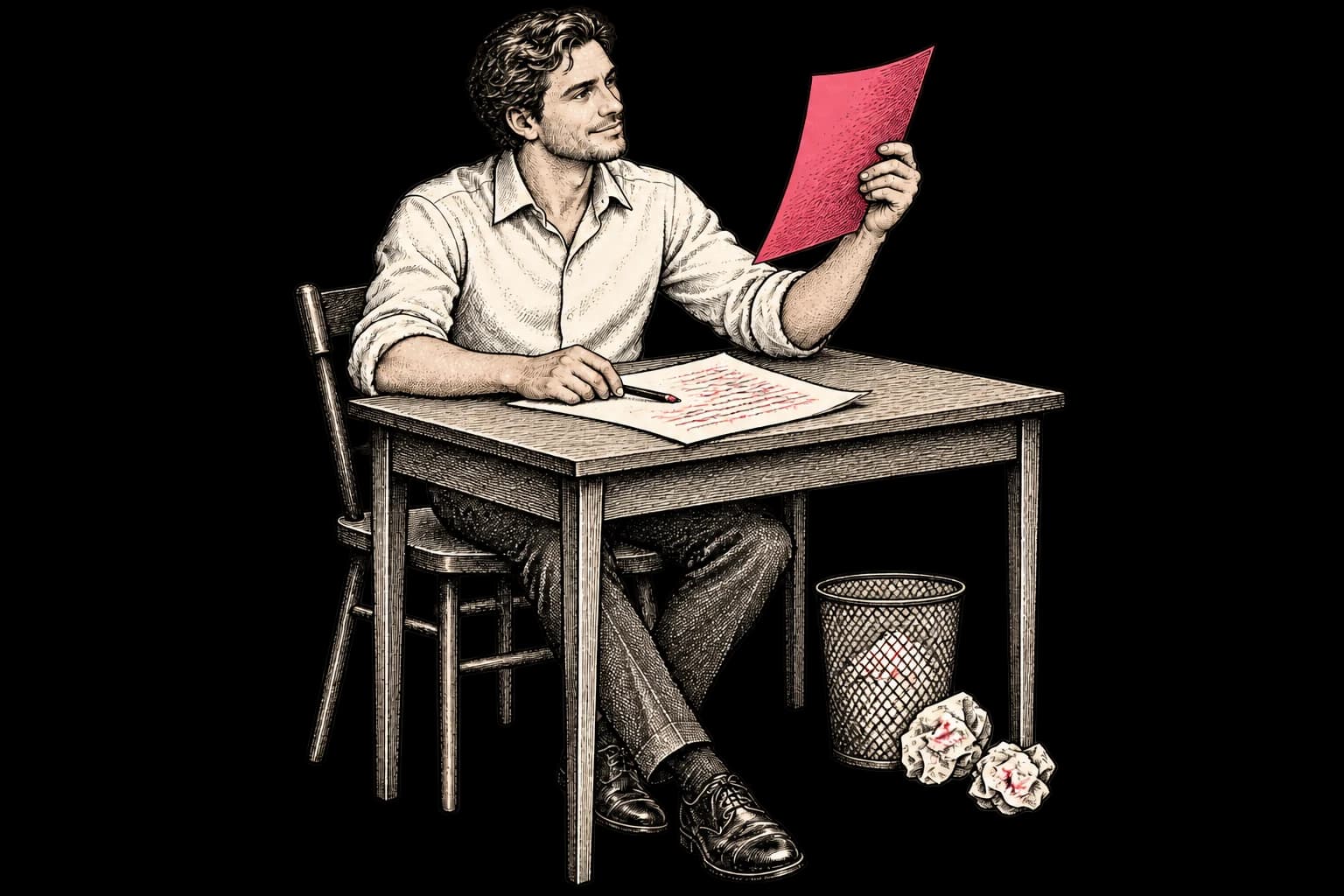 A man at a desk reviewing a pink revised draft beside his earlier notes.